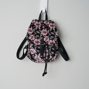 Velour Floral Backpack Faux Leather Straps Drawstring Velvet Mini Front Pocket